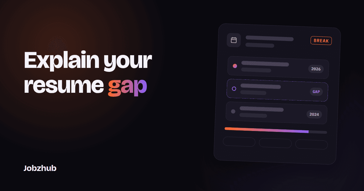 Dark graphic with the headline Explain your resume gap beside an abstract career timeline card with a highlighted break