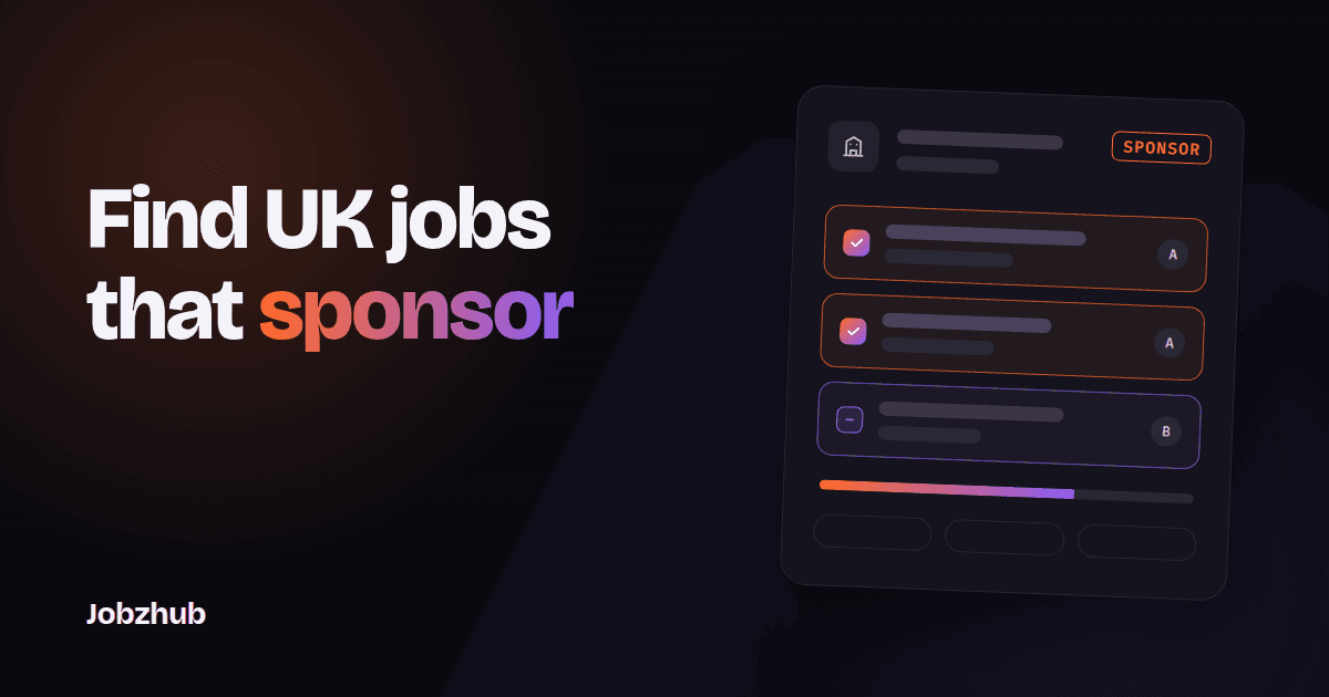 Dark graphic with the headline Find UK jobs that sponsor beside an abstract sponsor register card with rated employer rows