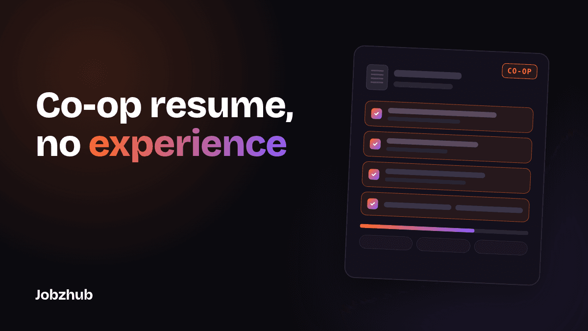 Dark graphic reading co-op resume, no experience, beside an abstract resume card with four ticked sections