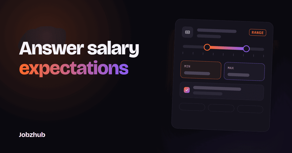 Dark graphic with the headline Answer salary expectations beside an abstract offer card with a pay range slider