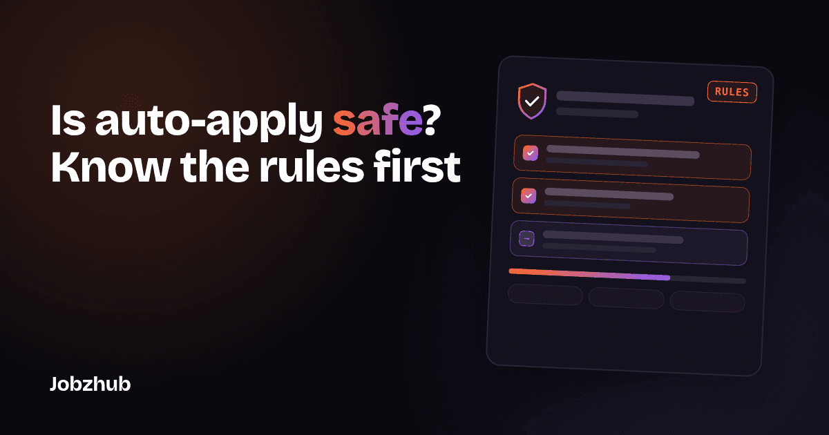 Dark graphic reading Is auto-apply safe beside an abstract card with a shield and a checklist of application rules